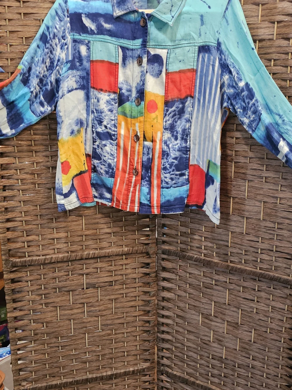Parsley & Sage Turquoise Blue Multi-Color Abstract Button Jacket
